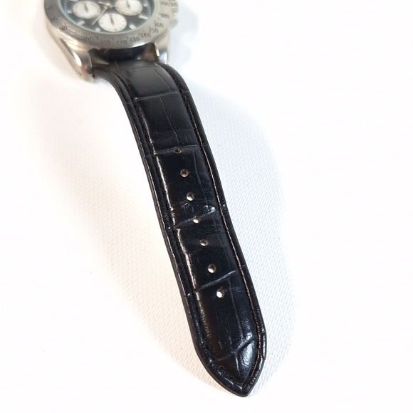 Steel & Black Leather Band Mens Quartz Analog Wrist Watch, New Battery - Picture 5 of 10